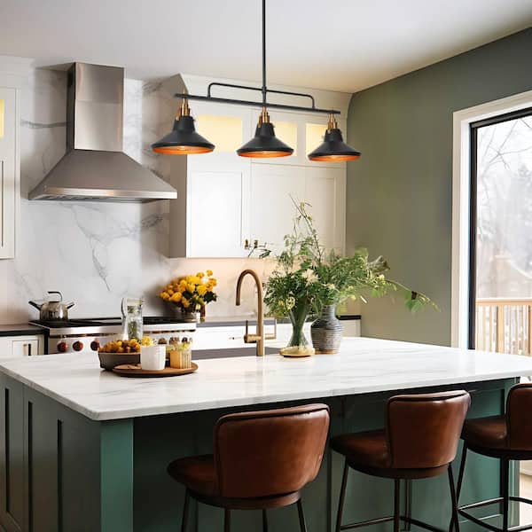 Tencanonia Modern Industrial 3-Light Matte Black and Brass Linear Pendant Light with Metal Barn Shade for Dining Room