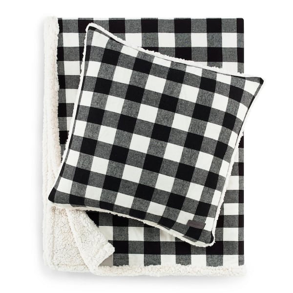 Eddie Bauer Cabin Plaid 2-Piece Black Cotton Sherpa Reverse Throw Blanket and Pillow Set