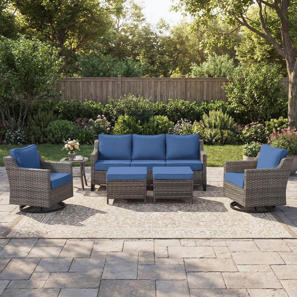 Haven 6-Piece Gray Wicker Patio Conversation Set with 4-Inch Thick Navy Blue Cushions and Swivel Gliders price history on PriceWatchPro