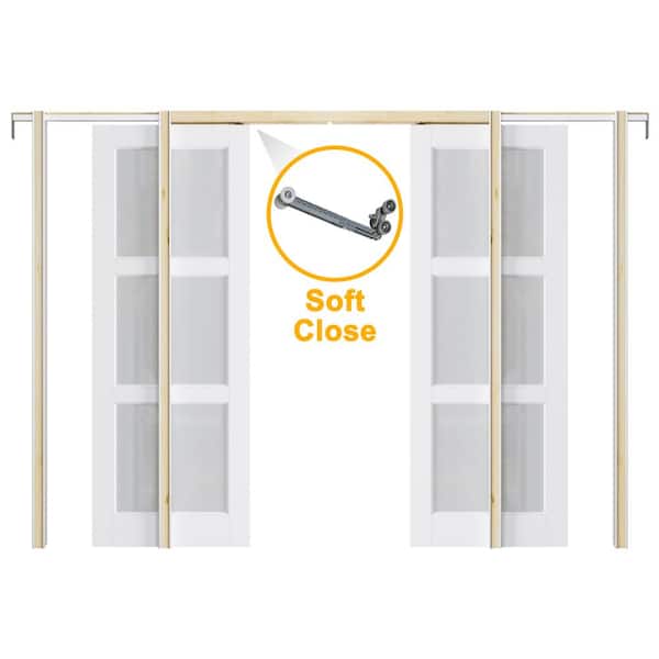 ARK DESIGN 64 in. x 80 in. 3-Lite Glass White Primed MDF Pocket Sliding Door with Pocket Door Hardware Kit (Soft Close Included)