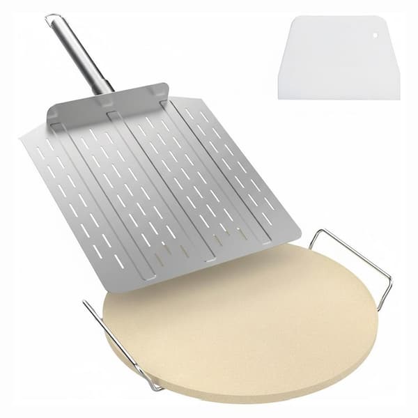 16 in. Round Cordierite Pizza Stone Natural Finish for Oven and Grill with Stainless Rack Pizza Peel Scraper Kit