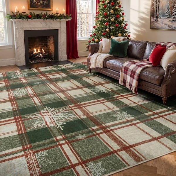 8 ft. x 10 ft. Christmas Farmhouse SnowFlake Rustic Plaid Washable Non Slip Living Room Bedroom Red and Green Area Rug