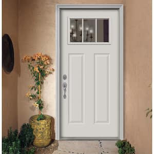 36 in. x 80 in. 3-Lite Craftsman White Painted Steel Prehung Right-Hand Inswing Front Door w/Brickmould