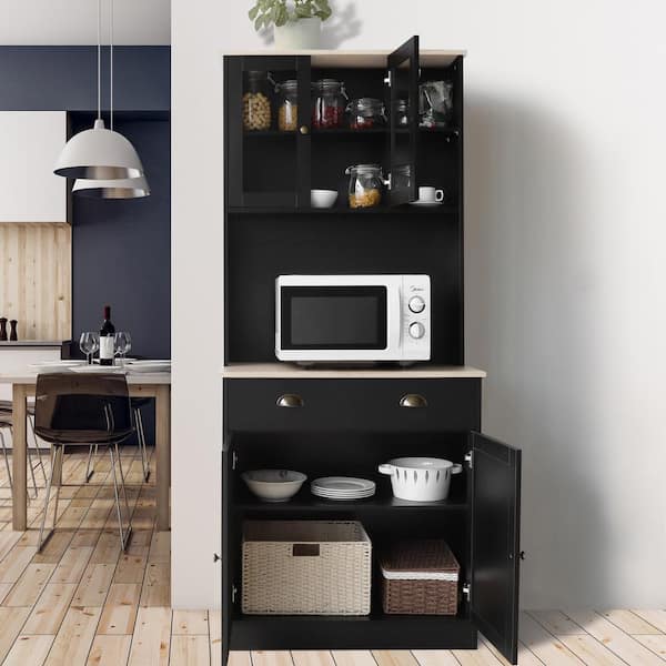 VEIKOUS Black Wood 31.5 in. W Kitchen Pantry Cabinet Storage with Buffet Cupboard, Microwave Stand and Adjustable Shelves