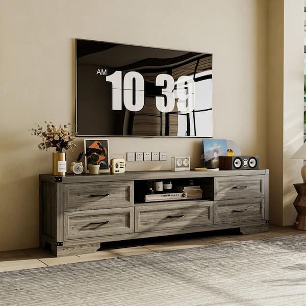 Rustic Gray Oak Finish TV Stand Fits TVs up to 70 in. with 5 Drawers, Cable Management, Living Room Storage
