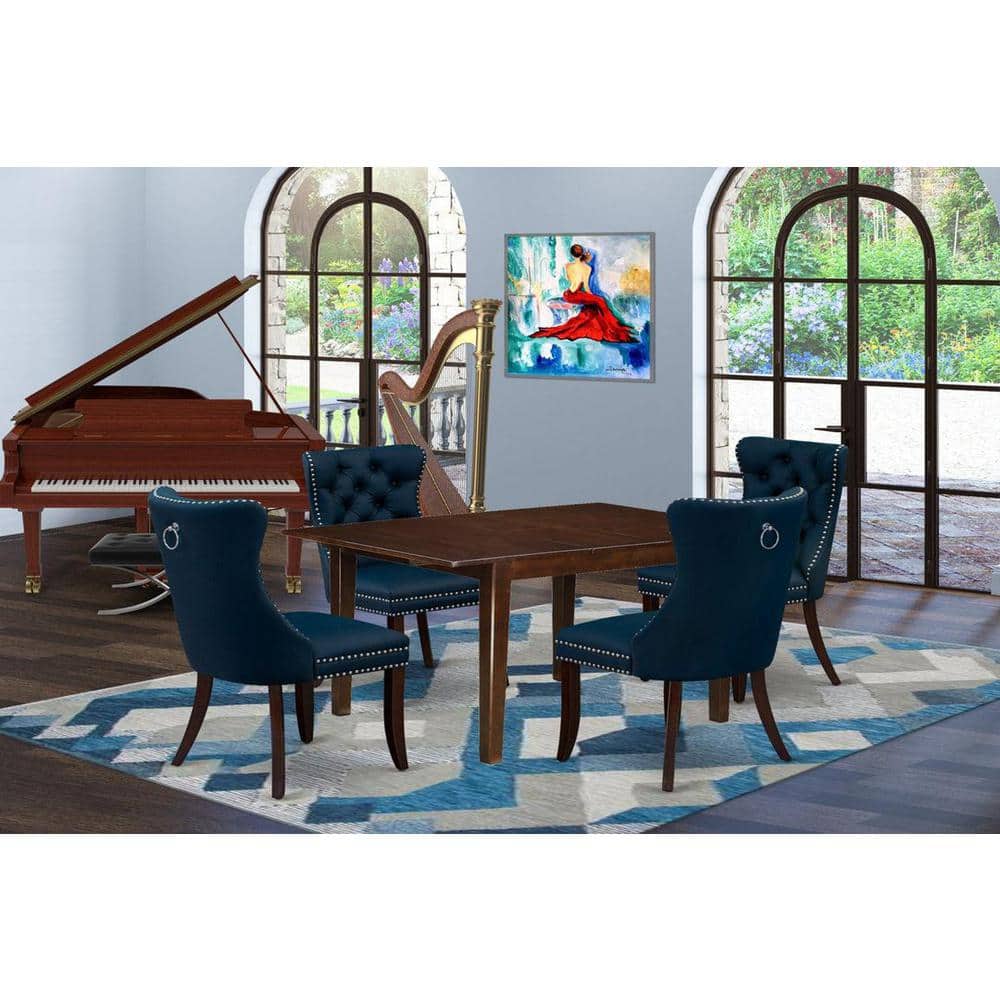 Mahogany 5-Piece Dining Set with Navy Blue Faux Leather Chairs