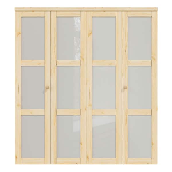 72 in. x 80 in. 3-Lite Frosted Glass Solid Core Unfinished Pine Glass Interior Closet Bi-Fold Door with Hardware