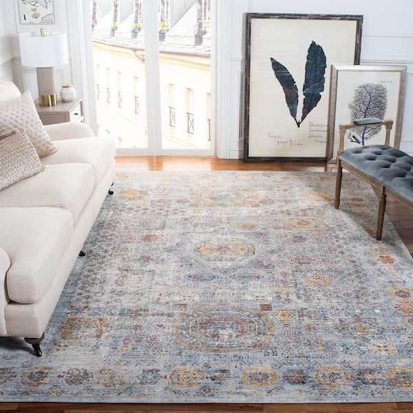 History 7 ft. x 7 ft. Light Gray/Gold Distressed Aztec Square Area Rug