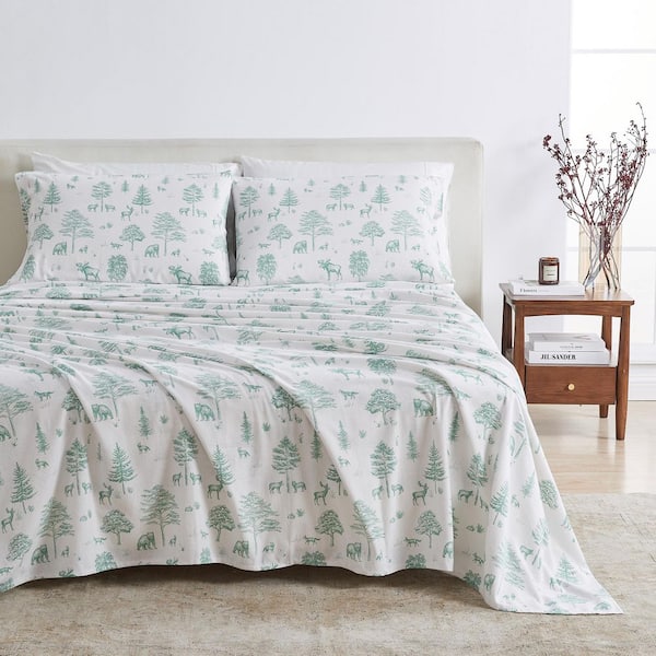 Wild Acres-Sage 4-Piece Nature Inspired Turkish Cotton Flannel King Sheet Set
