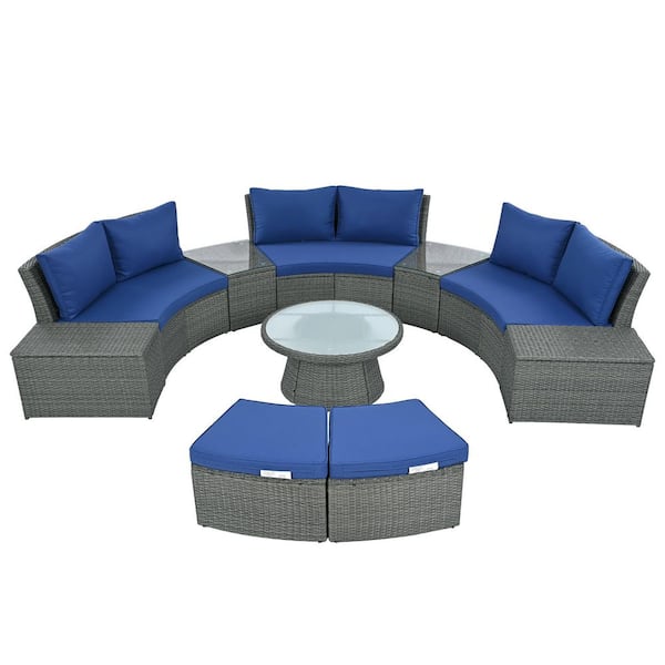 Sudzendf Gray 10-Piece PE Wicker Outdoor Sectional Half Round Patio Conversation Set with Blue Cushions
