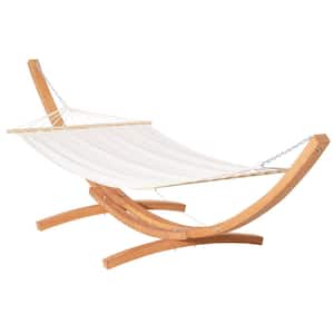 12.8 ft. Outdoor Outside Boho Style Hammock with Stand with Extra Large Heavy Duty Wooden Frame for Nap Bed White