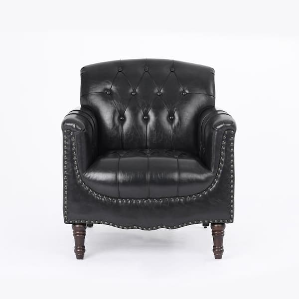 Uixe Mid-Century Blue Black Faux Leather Button Tufted Accent Arm Chair with Wood Legs (Set of 1)