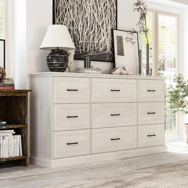 Beige Wood Grain 9-Drawer 70.9 in. Width x 37 in. Height Wooden Dresser, Chest of Drawers with Large Storage Space