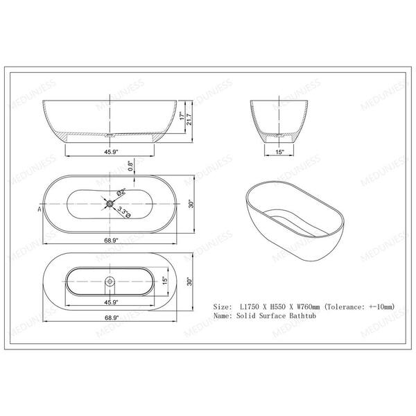 MEDUNJESS 69 in. x 29.5 in. Stone Resin Solid Surface Flatbottom 