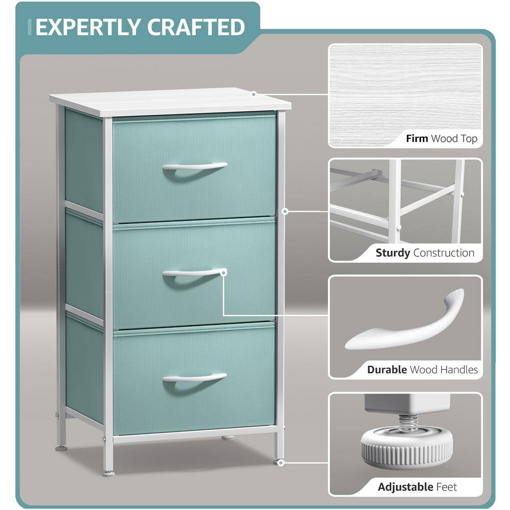Sorbus Aqua Blue 3-Drawer Steel Frame Nightstand with White Wood Top