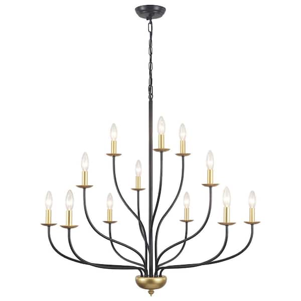 12-Light 3-Tier Black/Gold Dimmable Classic / Traditional Chandelier Kitchen Island with no bulbs included