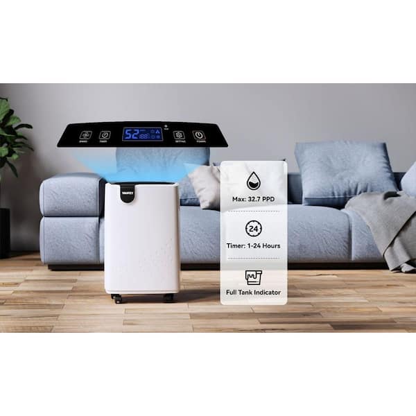 Yaufey HDCX-PD161D 32.7 Pint Low Noise Home Dehumidifier for 2,500 Sq. ft. Rooms and Basements with Water Tank