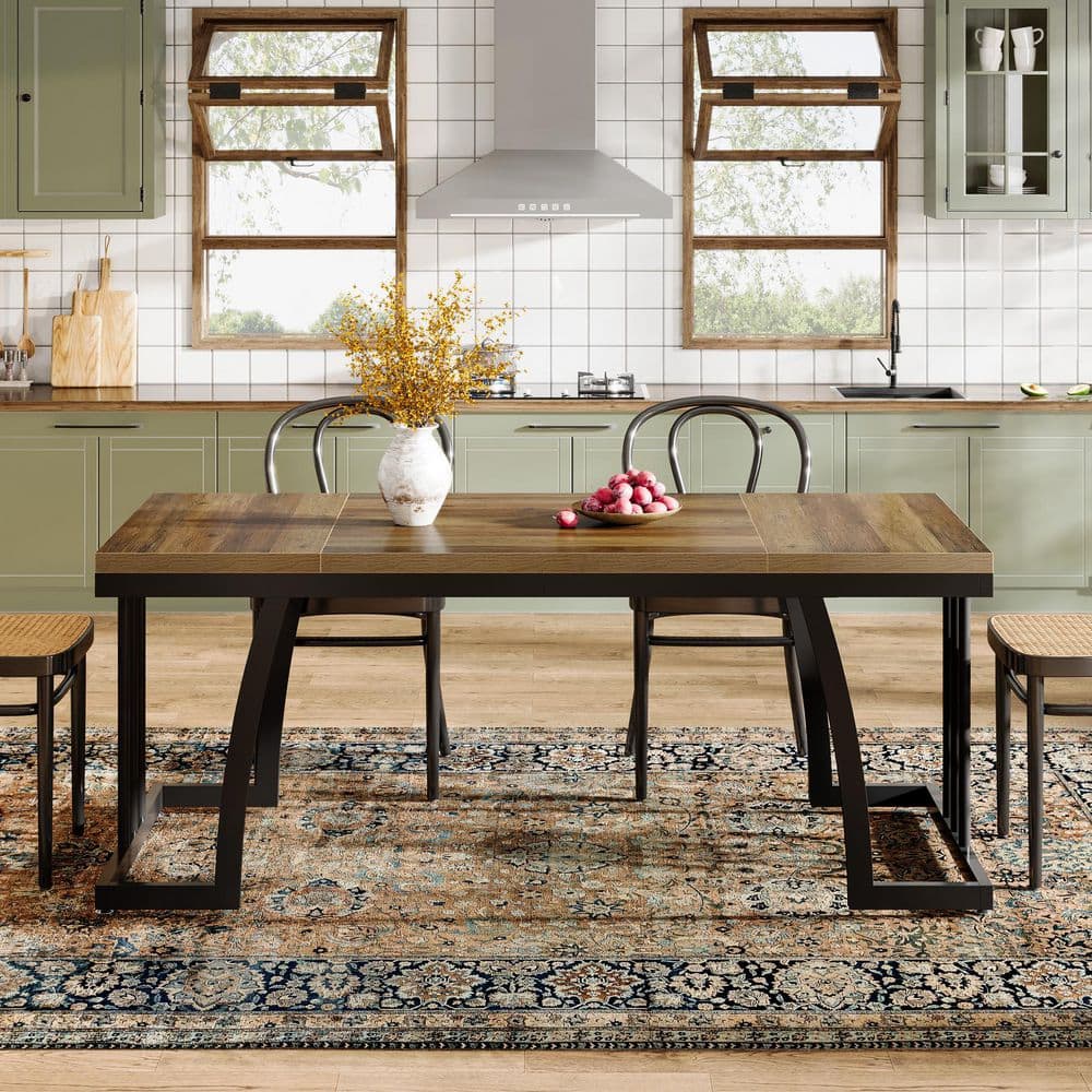 Roesler Farmhouse Brown Wood 63 in. Pedestal Dining Table Seats 6 Rectangular Kitchen Table