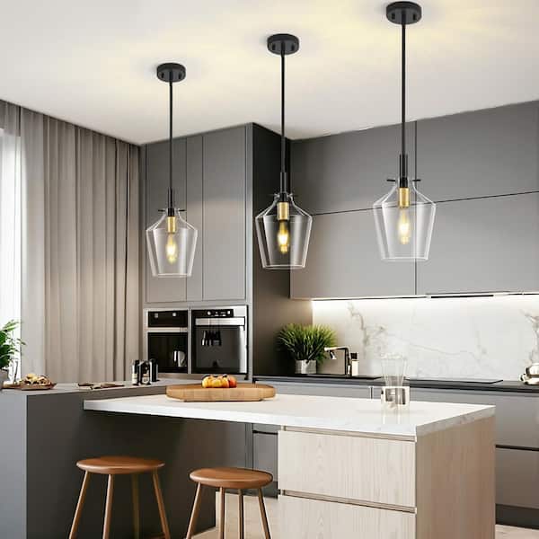 RayHome 60W 1-Light Modern Black and Gold Adjustable Height Pendant Light with 7.88 in Clear Glass for Kitchen Beadroom