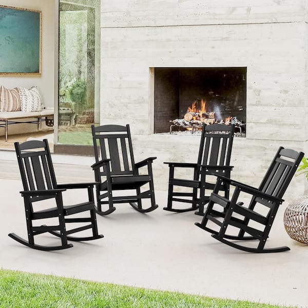 Hampton Black Recycled Plastic Patio Adirondack Outdoor Rocking Chair Porch Rocker Patio Rocking Chair Set of 4