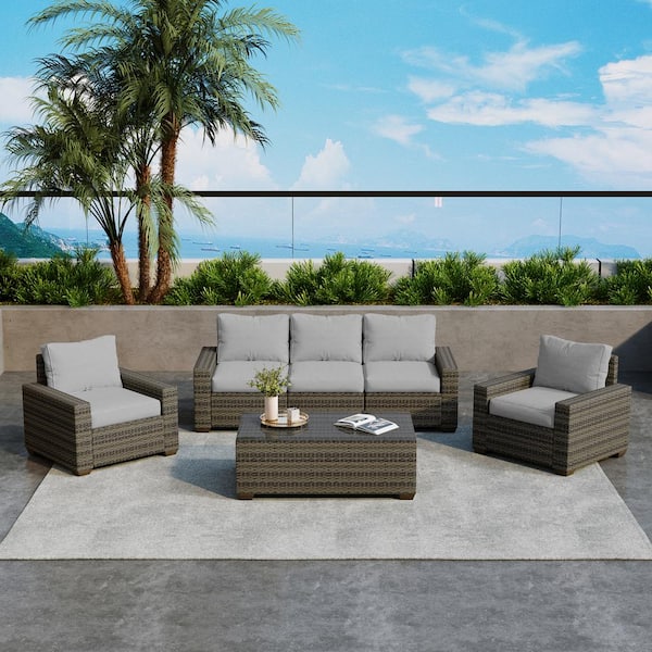 Uixe Taupe 6-Piece Wicker Outdoor Patio Conversation Seating Set with Light Gray Cushions