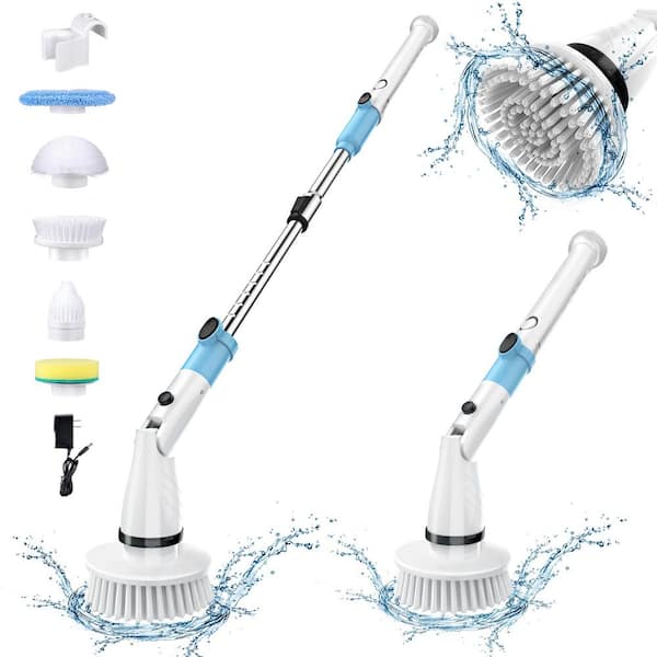 KEROMEE Electric Spin Scrubber, IPX5 Waterproof, 5-Replaceable Brush Heads, Adjustable Extension Handle, Sweeper