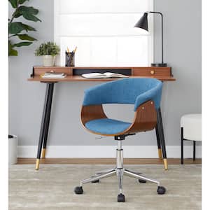 Vintage Mod Fabric Adjustable Height Office Chair in Blue Fabric, Walnut Wood and Chrome Metal with 5-Star Caster Base