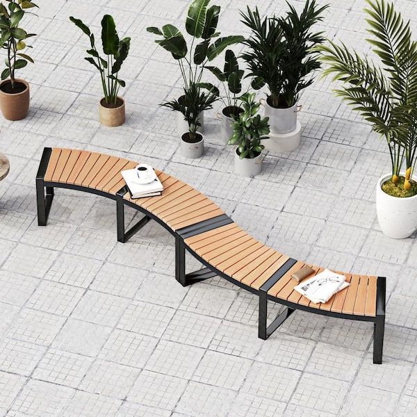 ANGELES HOME 57-1/2 in. L 2-Person Black Metal Outdoor Bench, 800 lbs Weight Capacity, Curved Acacia Wood Seat