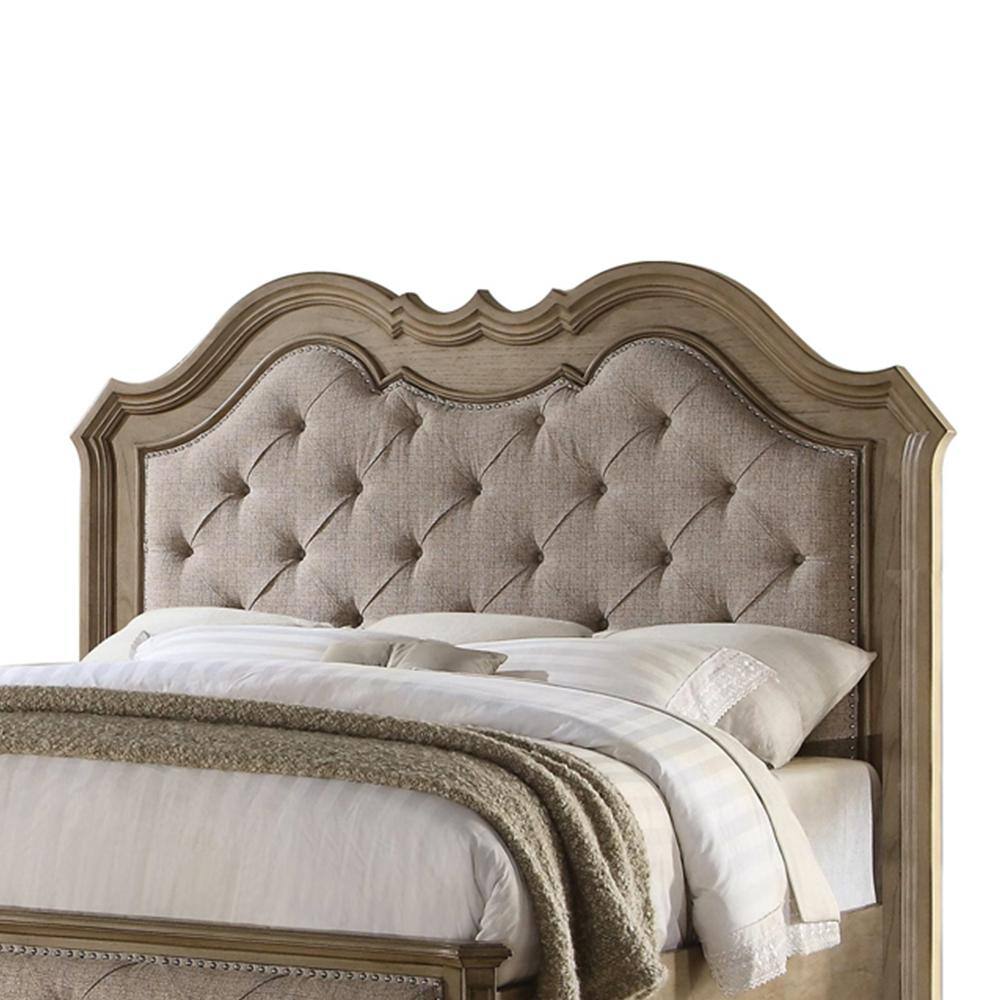 Elegant Beige Fabric Queen Bed with Tufted Nailhead Upholstery