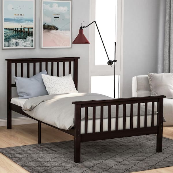 Harper & Bright Designs Espresso (Brown) Wood Frame Twin Size Platform Bed with Headboard, Footboard and Central Support Legs