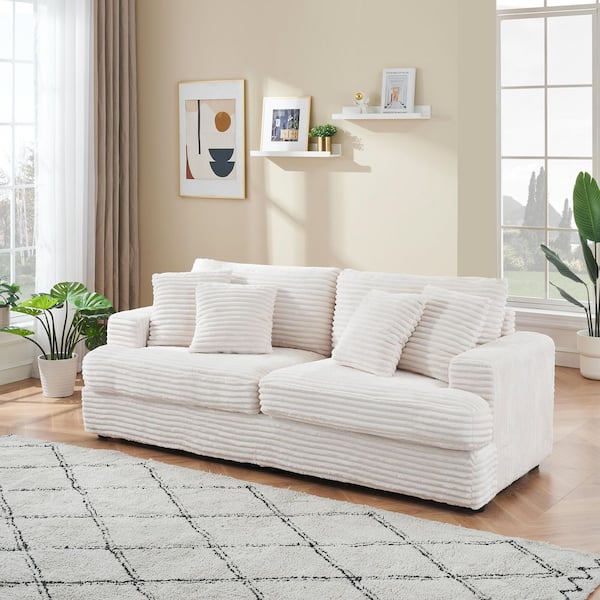 Deborah 88.58 in. Corduroy Upholstered Sectional Sofa in White with 4-Throw Pillows