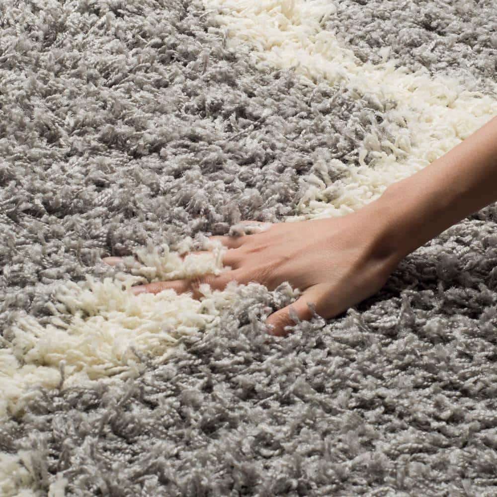 Ivory and Grey Geometric Shag Rug, Synthetic 5'1" x 7'6"