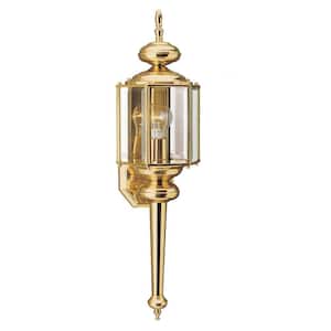 Classico 7 in. W 1-Light Polished Brass Outdoor Wall Lantern Sconce with Clear Beveled Glass