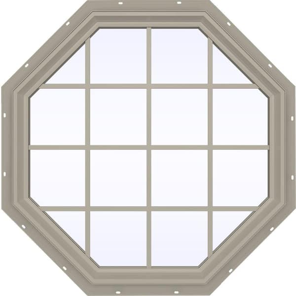 JELD-WEN 47.5 in. x 47.5 in. V-2500 Series Desert Sand Vinyl Fixed Octagon Geometric Window with Colonial Grids/Grilles
