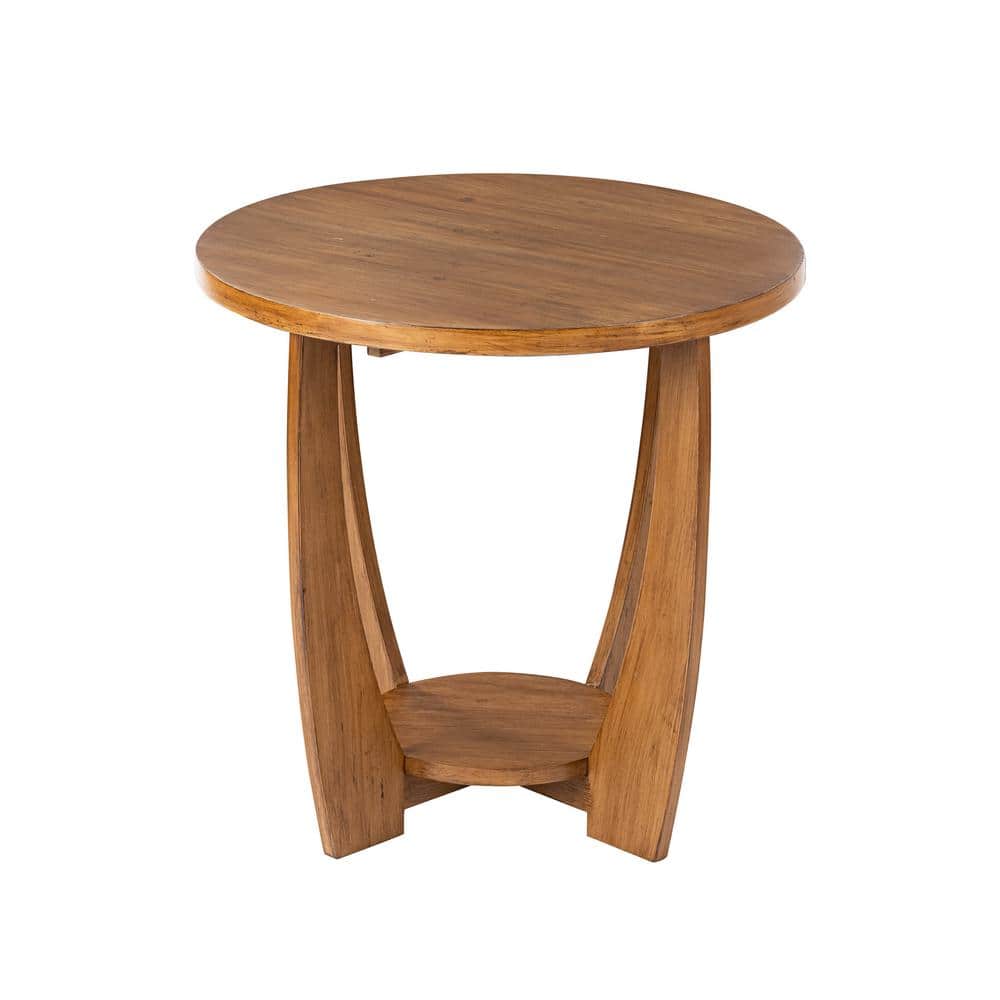 Rustic Caramel Brown Round Wood End Table with Shelf