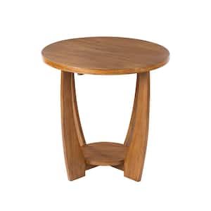 23.75 in. D x 23.75 in. W x 23.25 in. H Rustic Farmhouse Round Brown Wood End Table with Storage Shelf