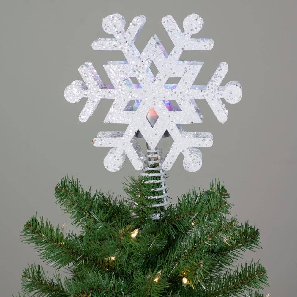 White Glitter Glass Snowflake Christmas Tree Topper with LED Lights