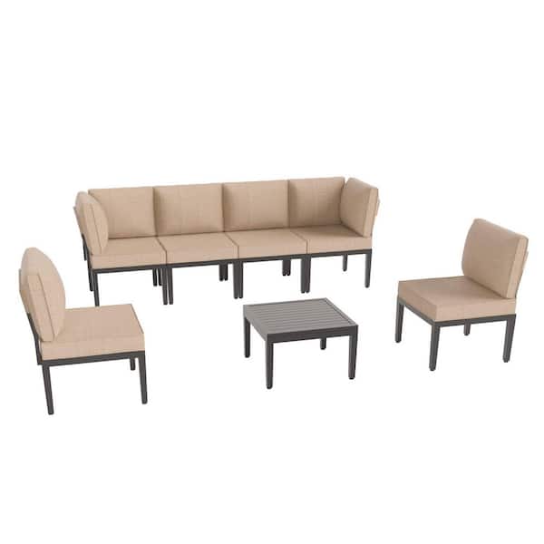 7-Piece Black Metal Patio Conversation Set with Sand Cushions, Coffee Table