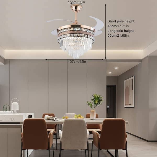 Indoor Gold Modern Crystal 6-Speed 42 in. Retractable and Reversible Ceiling Fan with 3-Color Integrated LED and Remote