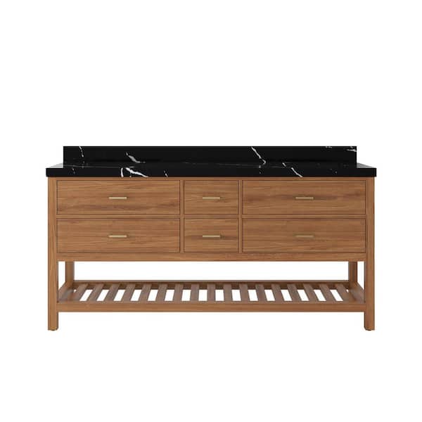 Willow Collections Parker Teak 72 in. W x 22 in. D x 36 in. H Double Sink Bath Vanity in Golden Teak with 2 in. Calcutta Black Qt. Top
