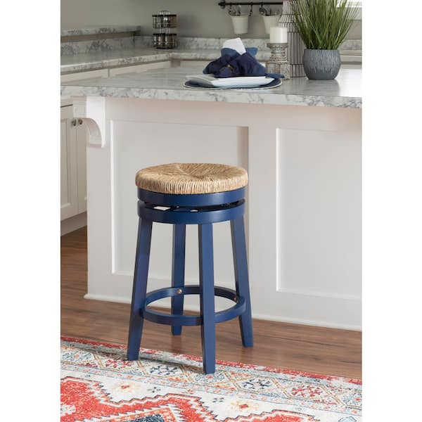 Mesquite 25 in. Navy Blue Backless Wood Counter Stool with Seagrass Seat