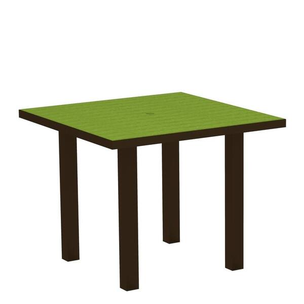 POLYWOOD Euro Textured Bronze 36 in. Square Patio Dining Table with Lime Top
