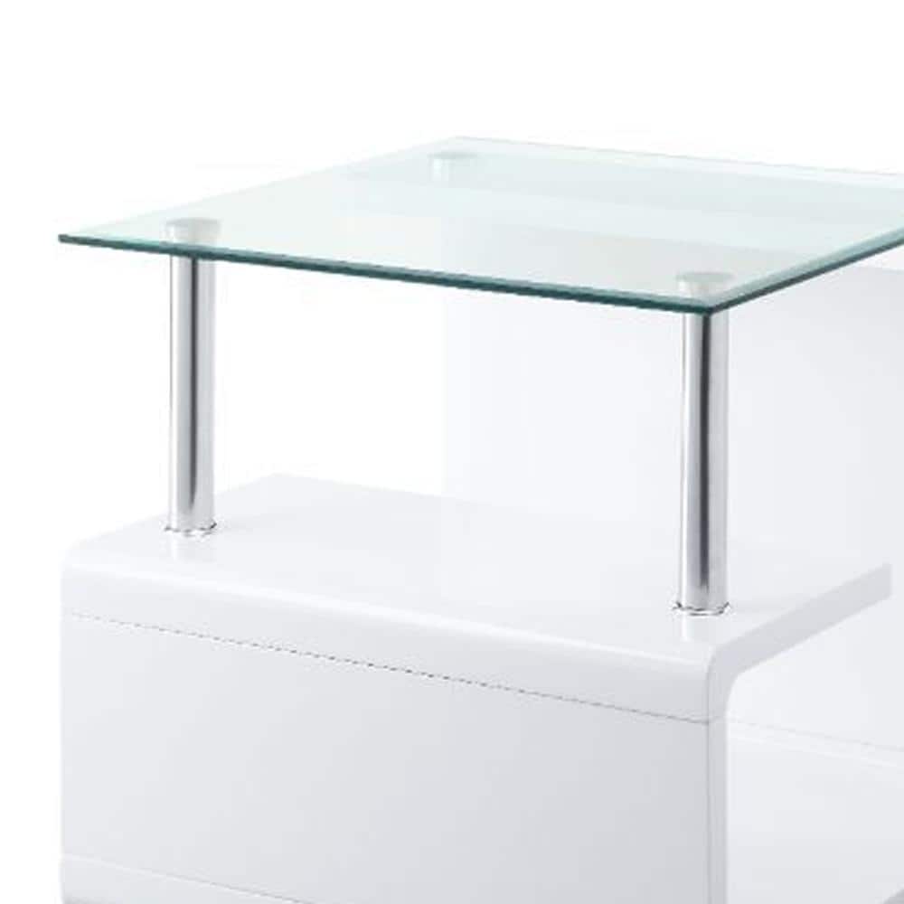 Nevaeh 29" White High Gloss & Clear Glass Square End Table