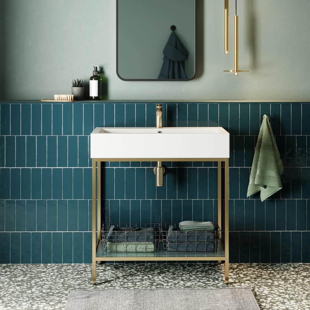 Pierre 32" Gold Metal Frame Open Shelf Single Bathroom Vanity
