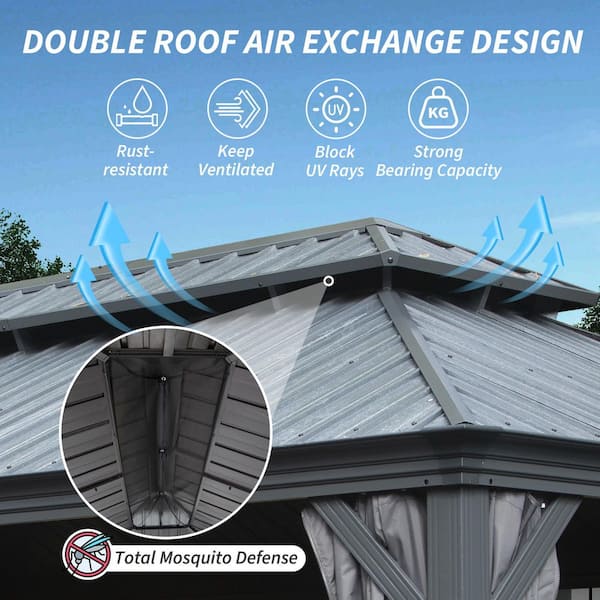 12 ft. x 16 ft. Gray Metal Galvanized Steel Roof Hardtop Gazebo with Curtains and Netting