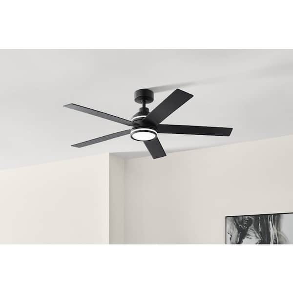 Hampton Bay Ashburrow 52 in. Indoor Matte Black Ceiling Fan with Adjustable White LED Down and Upper Accent Light with Remote