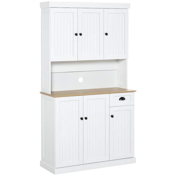 71 in. Wood Pantry Organizer with Microwave Oven Countertop, Drawer, and Cupboard in White