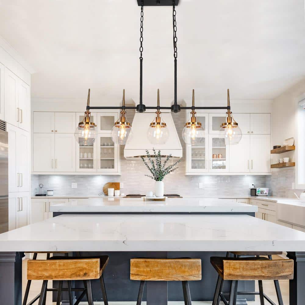 Black and Brass 5-Light Linear Chandelier with Glass Shades