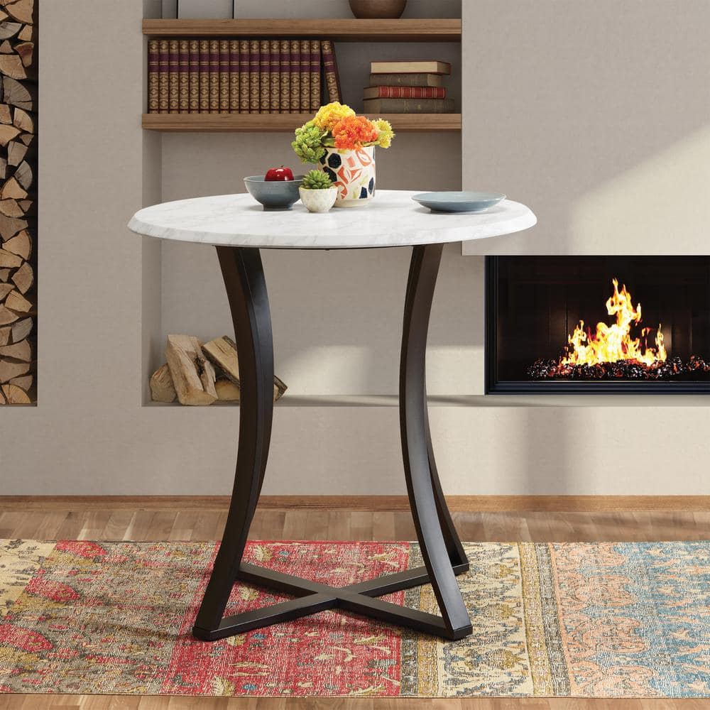 36" Round White Faux Marble Counter Height Table with Black Metal Base