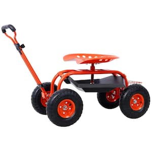 Ami Red Steel Rolling Garden Cart with Extendable Steering Handle, Swivel Seat and Basket